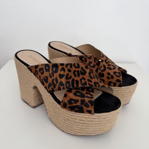 Schutz Lora Wedge Platform Slide 10 B Espadrille Jute Leopard Sandals Boho